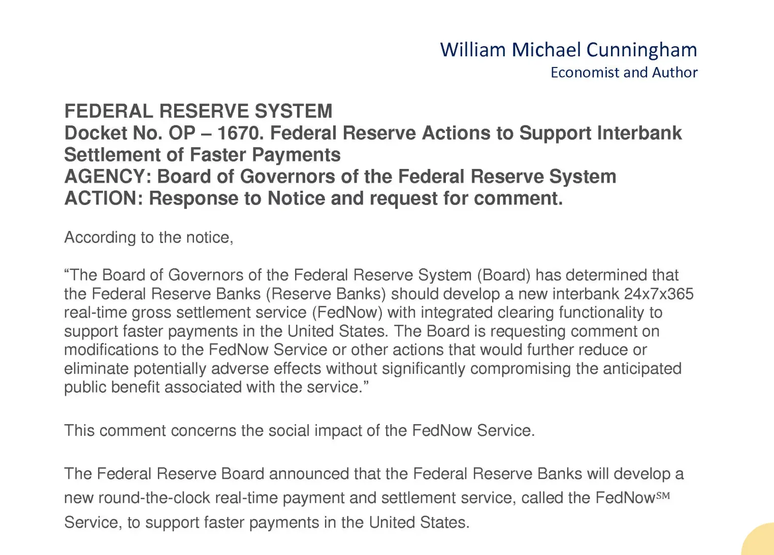 Text document by William Michael Cunningham discussing Federal Reserve System's plan to develop FedNow, a real-time payment service to support faster payments in the United States.