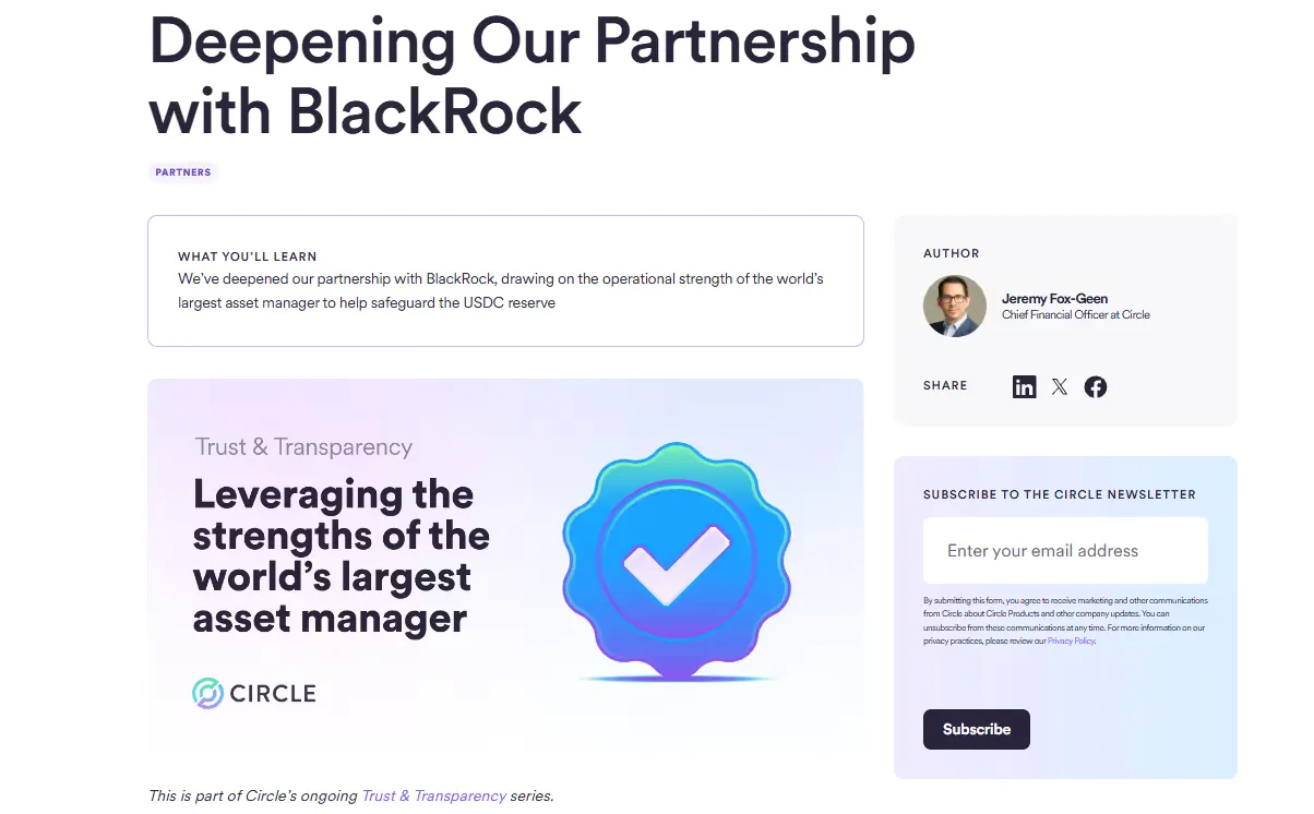 Webpage titled 'Deepening Our Partnership with BlackRock' highlighting trust and transparency with a badge icon and author Jeremy Fox-Geen.