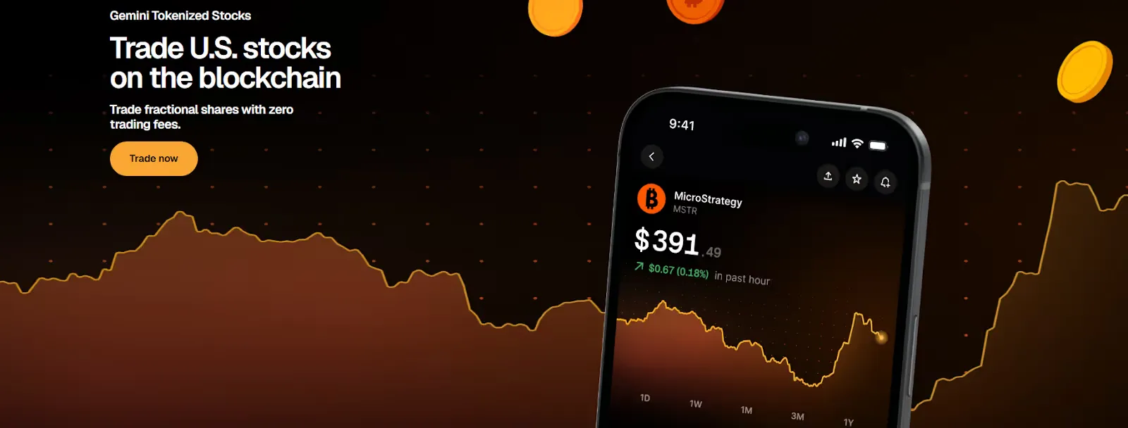 Mobile screen showing MicroStrategy stock price at $391.49 with a graph and text promoting trading U.S. stocks on blockchain with zero fees.