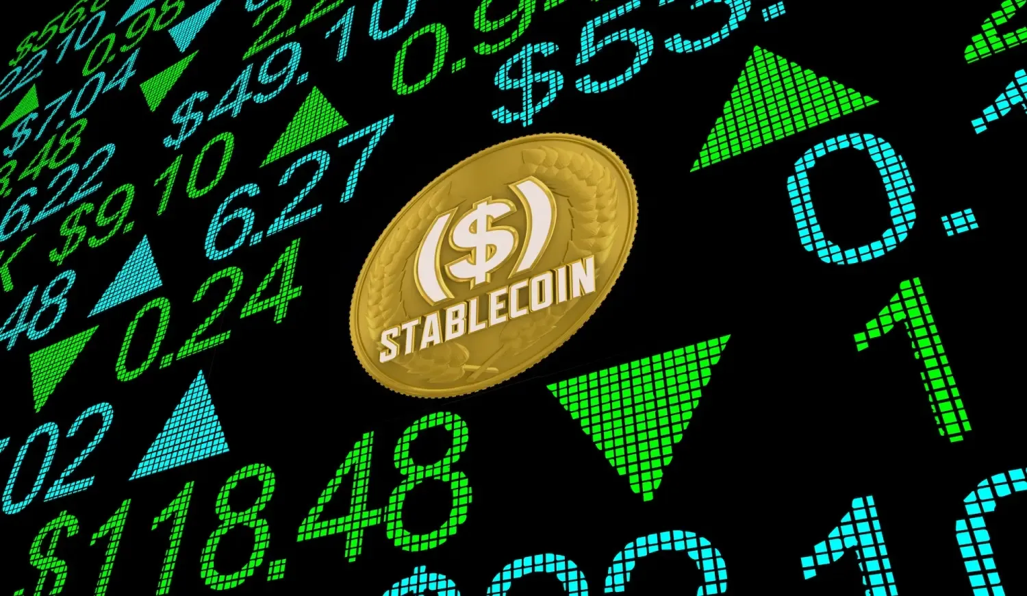 Gold coin labeled Stablecoin surrounded by green and blue upward and downward arrows with stock price numbers on a black background.