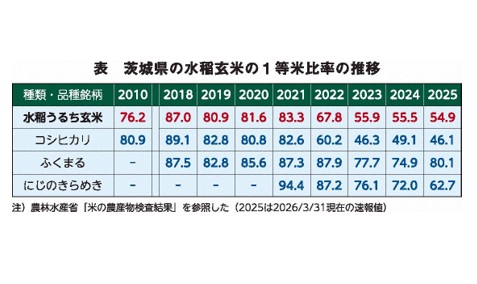 茨城県の水稲玄米の1等米比率の推移