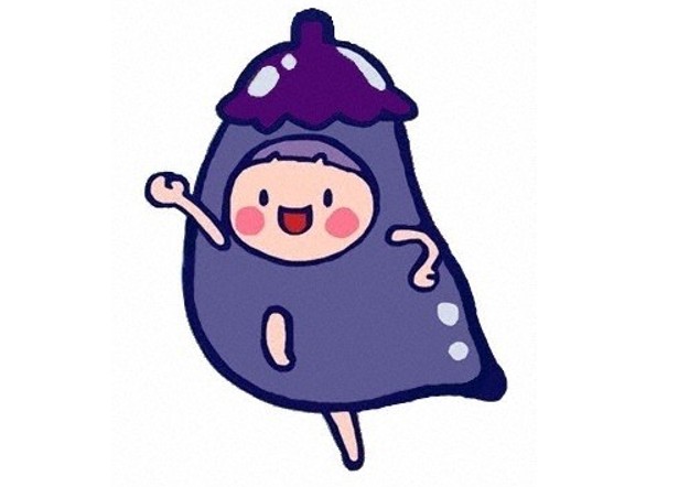 イメージキャラクター「志げ子ちゃん」。下伊那農業高等学校の学生が作成した。ナスの商品袋に貼って販売している