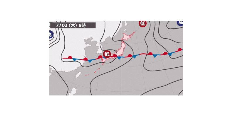 図1 梅雨前線と低気圧による飛来環境の例(気象図)