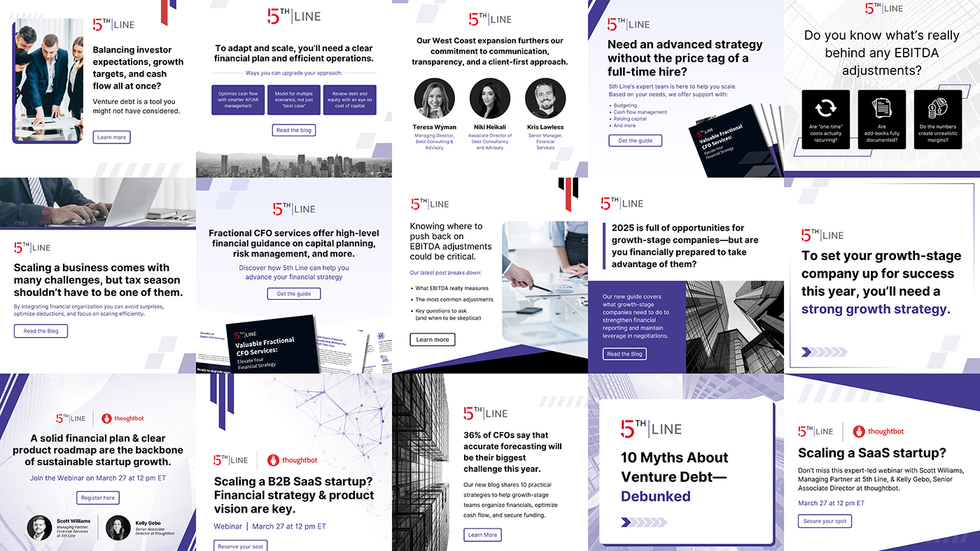 A gallery of branded social media graphics designed for 5th Line.