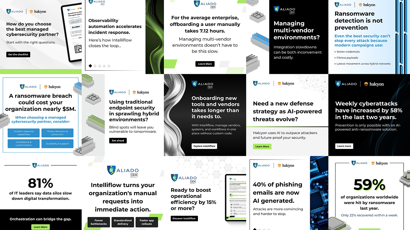 A collection of branded social media graphics designed for Aliado.