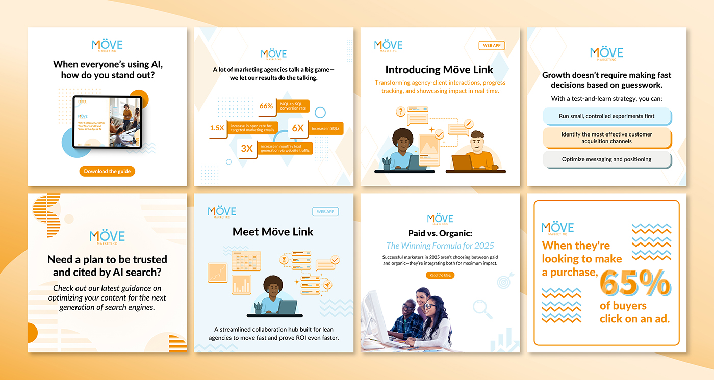 A collection of branded social media graphics designed for award-winning marketing agency Möve Marketing.