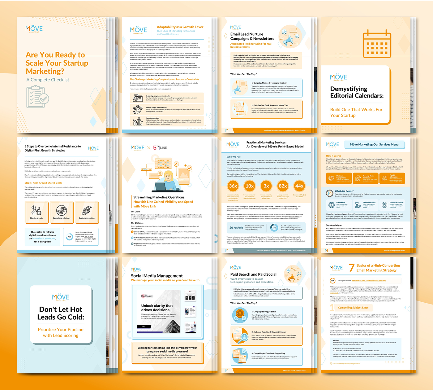 A collection of branded marketing materials designed for award-winning marketing agency Möve Marketing.