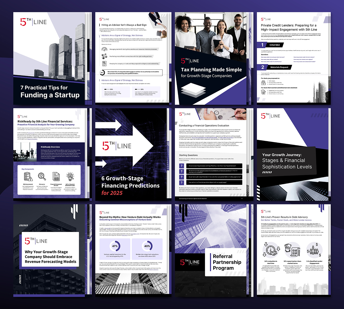 A gallery of branded marketing collateral designed for 5th Line.