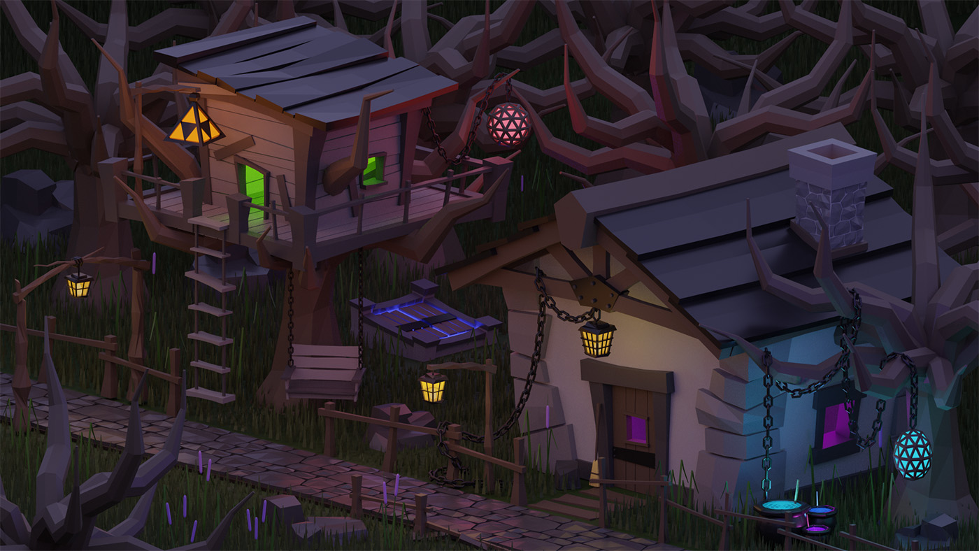 A cozy 3d model of a small witch cottage in the woods.