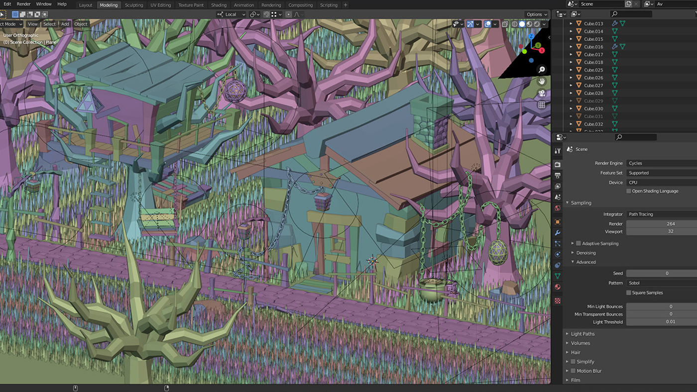 A behind-the-scenes look at a 3d model of a small witch cottage in the woods.