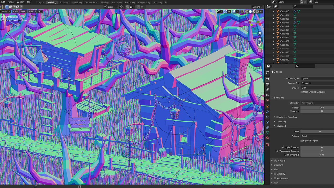 A behind-the-scenes look at a 3d model of a small witch cottage in the woods.
