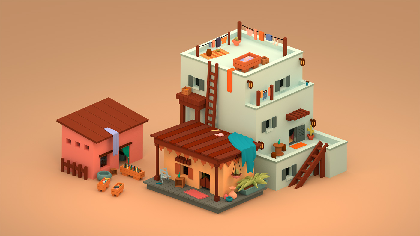 A warm and cozy 3D model of a small desert village.