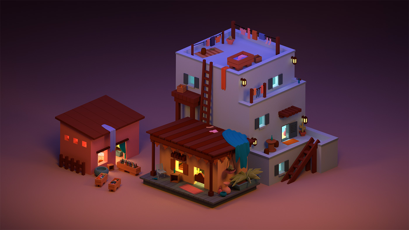A warm and cozy 3D model of a small desert village.