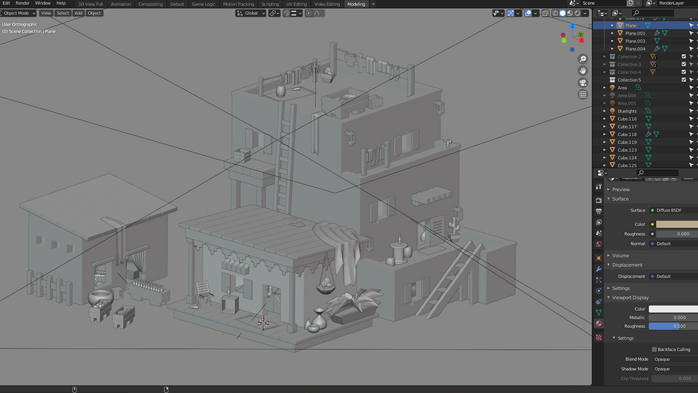 A behind-the-scenes look at a 3D model of a small desert village.
