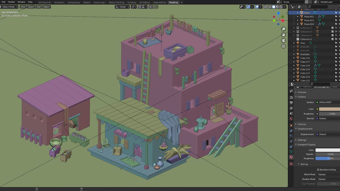 A behind-the-scenes look at a 3D model of a small desert village.