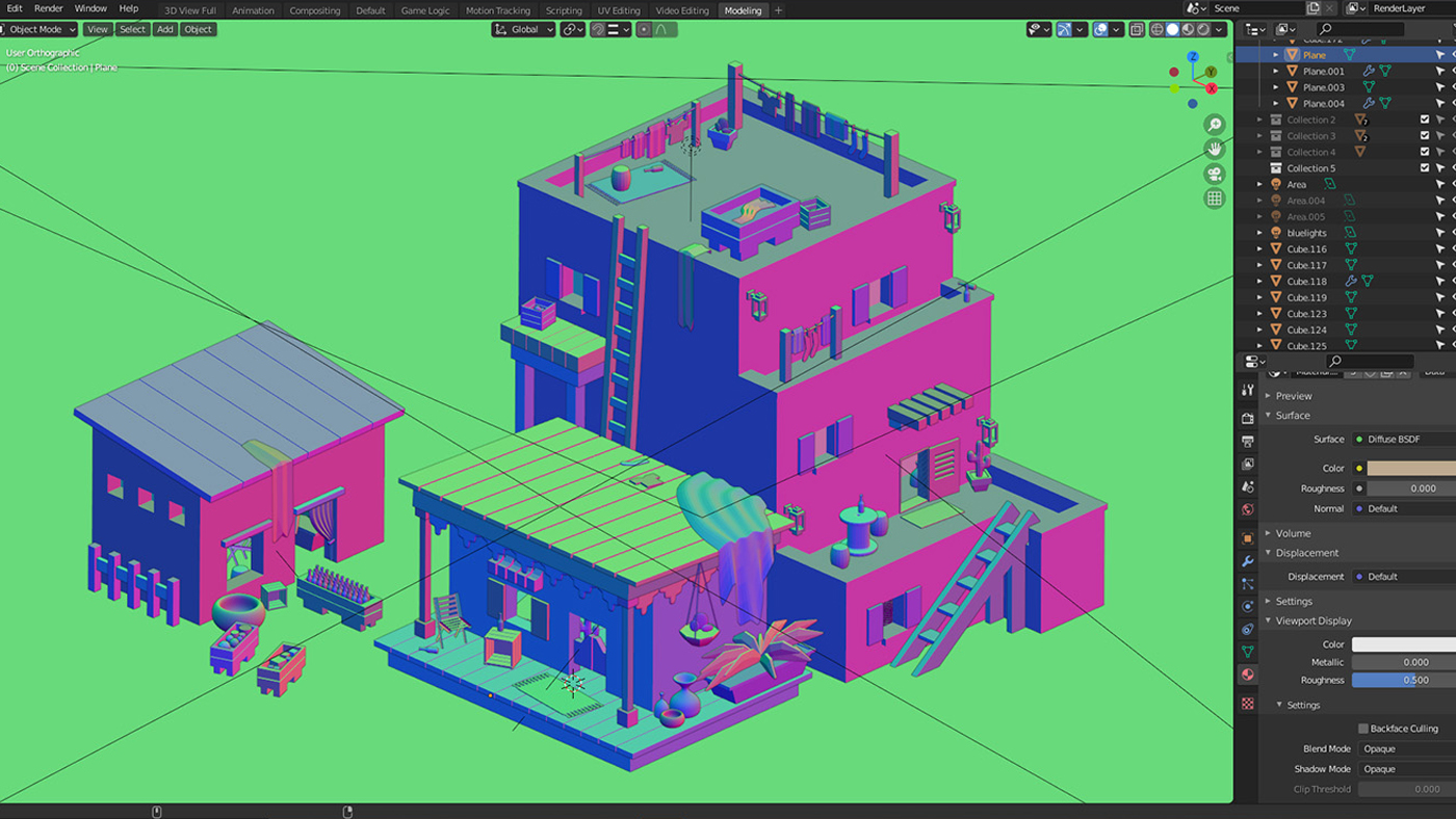 A behind-the-scenes look at a 3D model of a small desert village.