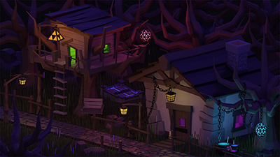A cozy 3d model of a small witch cottage in the woods.