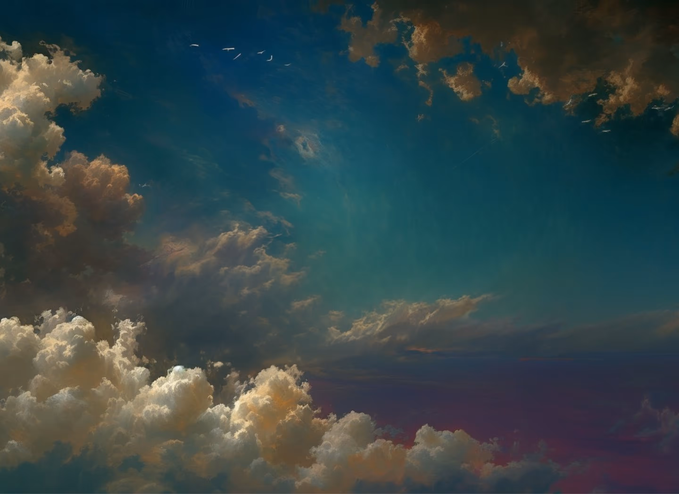 Dramatic sky with thick clouds illuminated by sunlight and a flock of birds flying near the horizon.