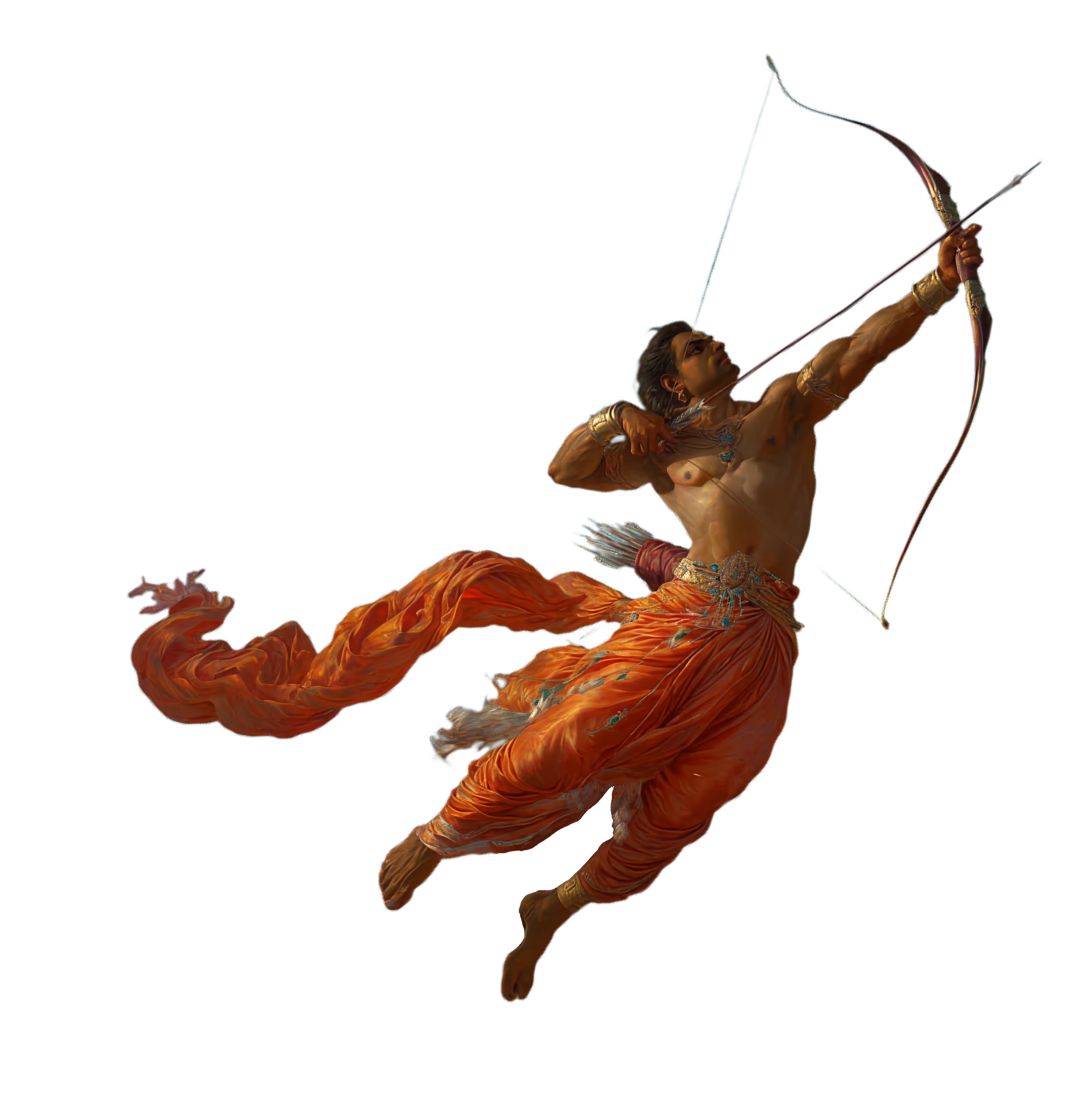 Muscular man in flowing orange pants aiming a bow and arrow, appearing to leap mid-air.
