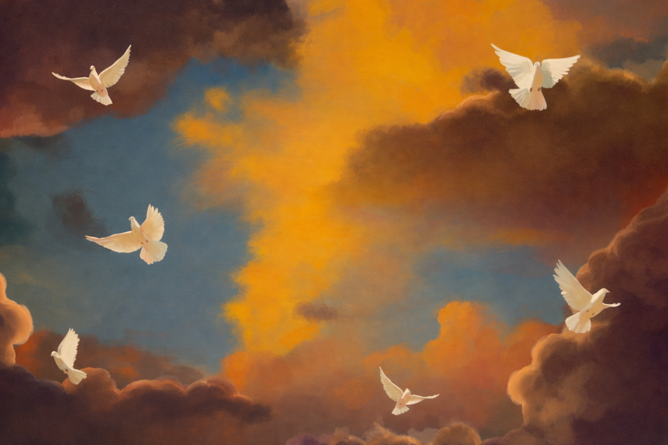 Dramatic sky with thick clouds illuminated by sunlight and a flock of birds flying near the horizon.
