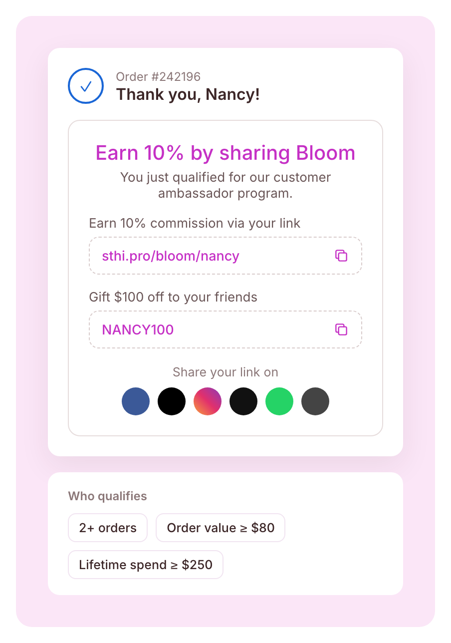 Thank-you page embed inviting a customer to become an ambassador