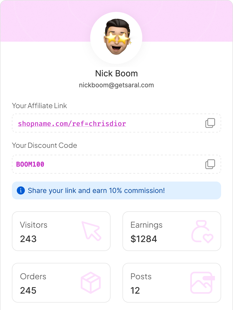 Ambassador dashboard with personal link, discount code and earnings