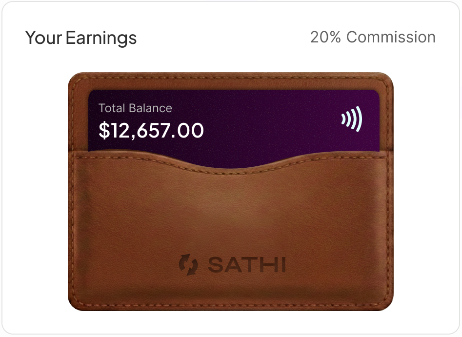 SATHI earnings wallet showing total balance and commission rate