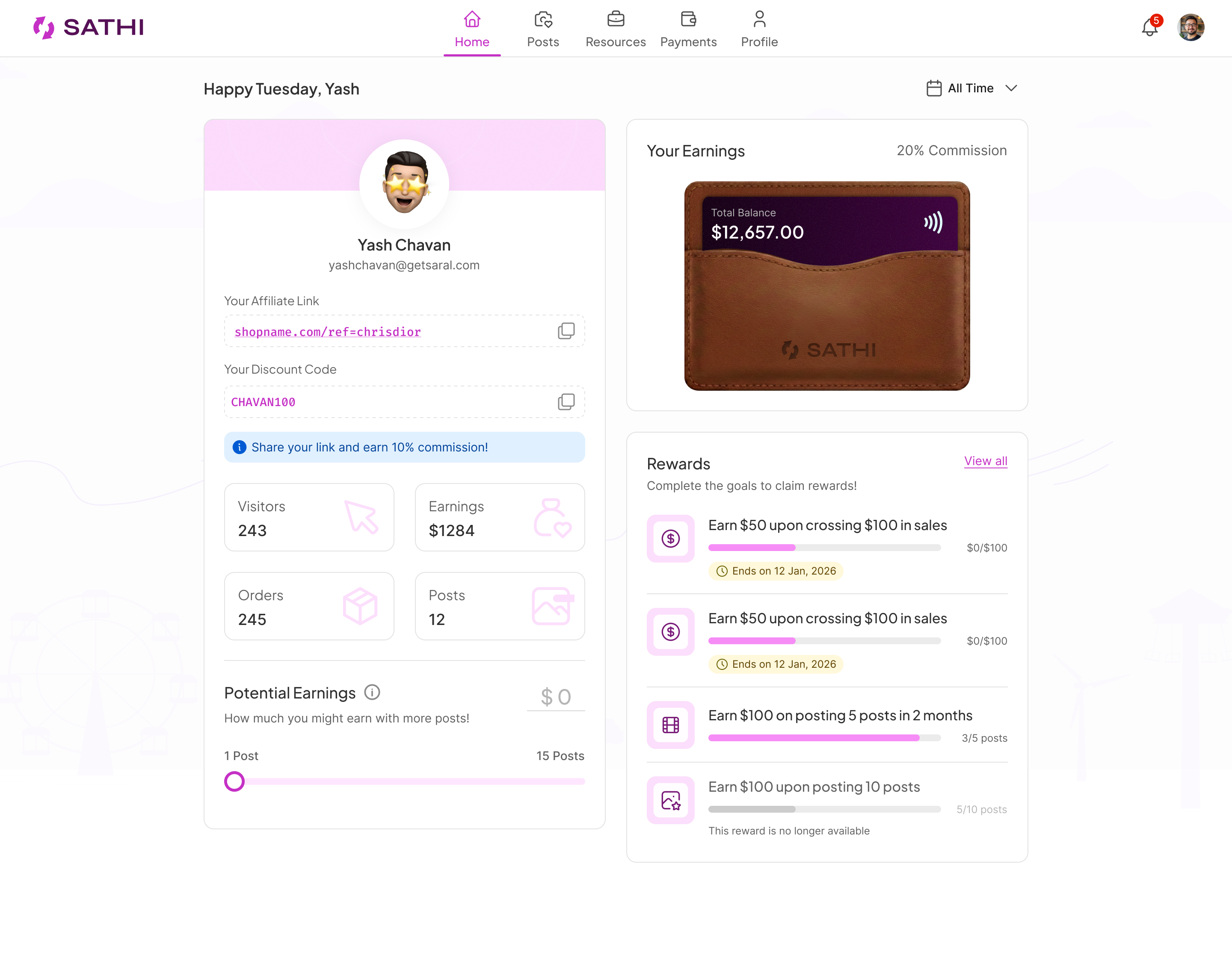 SATHI ambassador dashboard with link, code, earnings wallet and rewards