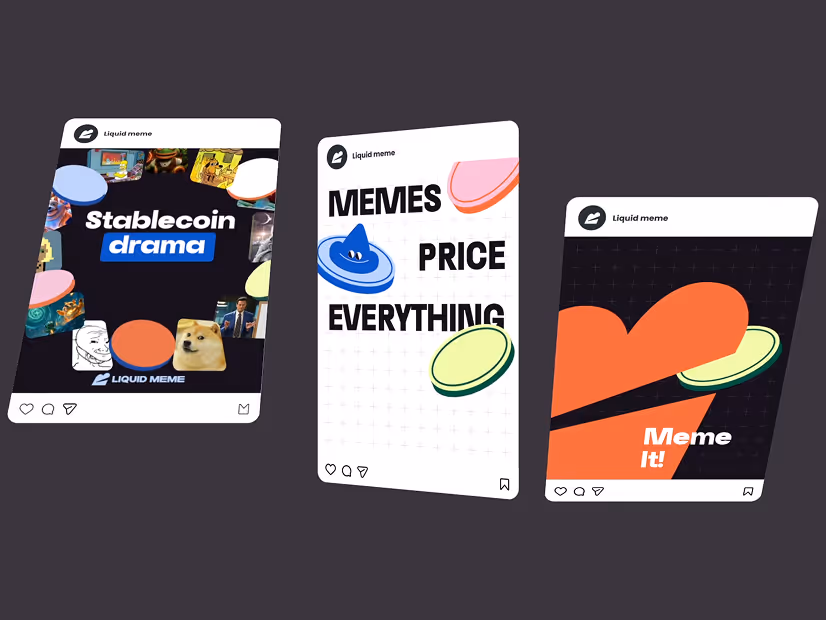 Three digital meme cards with text: 'Stablecoin drama', 'Memes price everything', and 'Meme It!' on a dark background with colorful coin-like graphics.