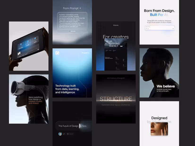 Collage of tech and design-themed images including a futuristic tablet, VR headset, profile silhouettes, and texts about design, technology, and creativity.