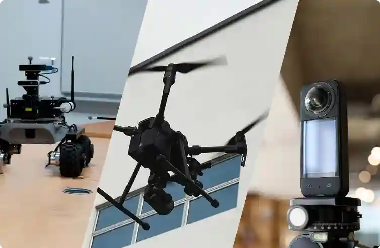 H3Zoom showcase of advanced scanning technologies including a ground robot, inspection drone, and 360-degree camera for site mapping.