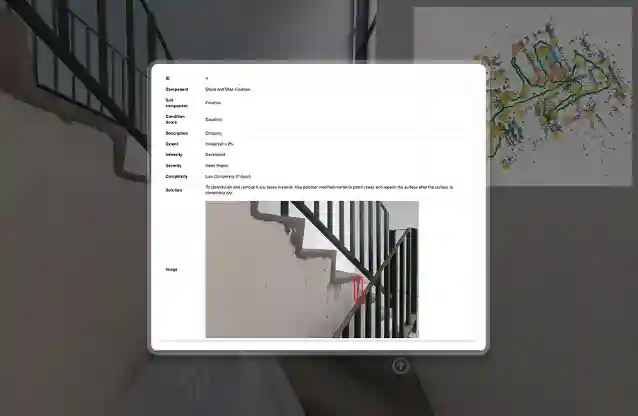 A detailed H3Zoom interface screen displaying a specific building maintenance defect report, including condition scores, repair descriptions, and a mapped location of the issue on a building plan.