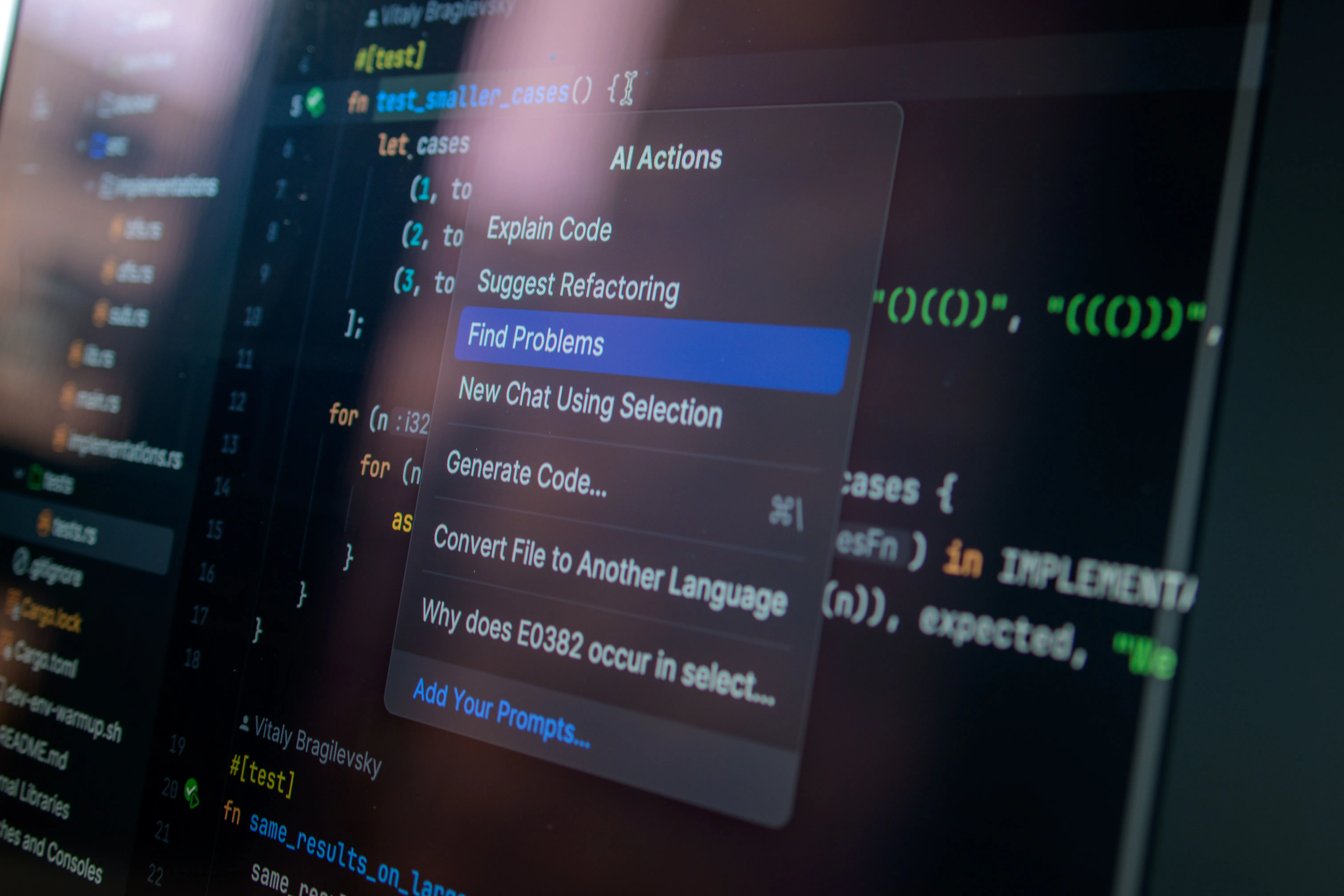 A code editor interface showcasing an integrated AI coding assistant menu for automated code analysis and refactoring. 