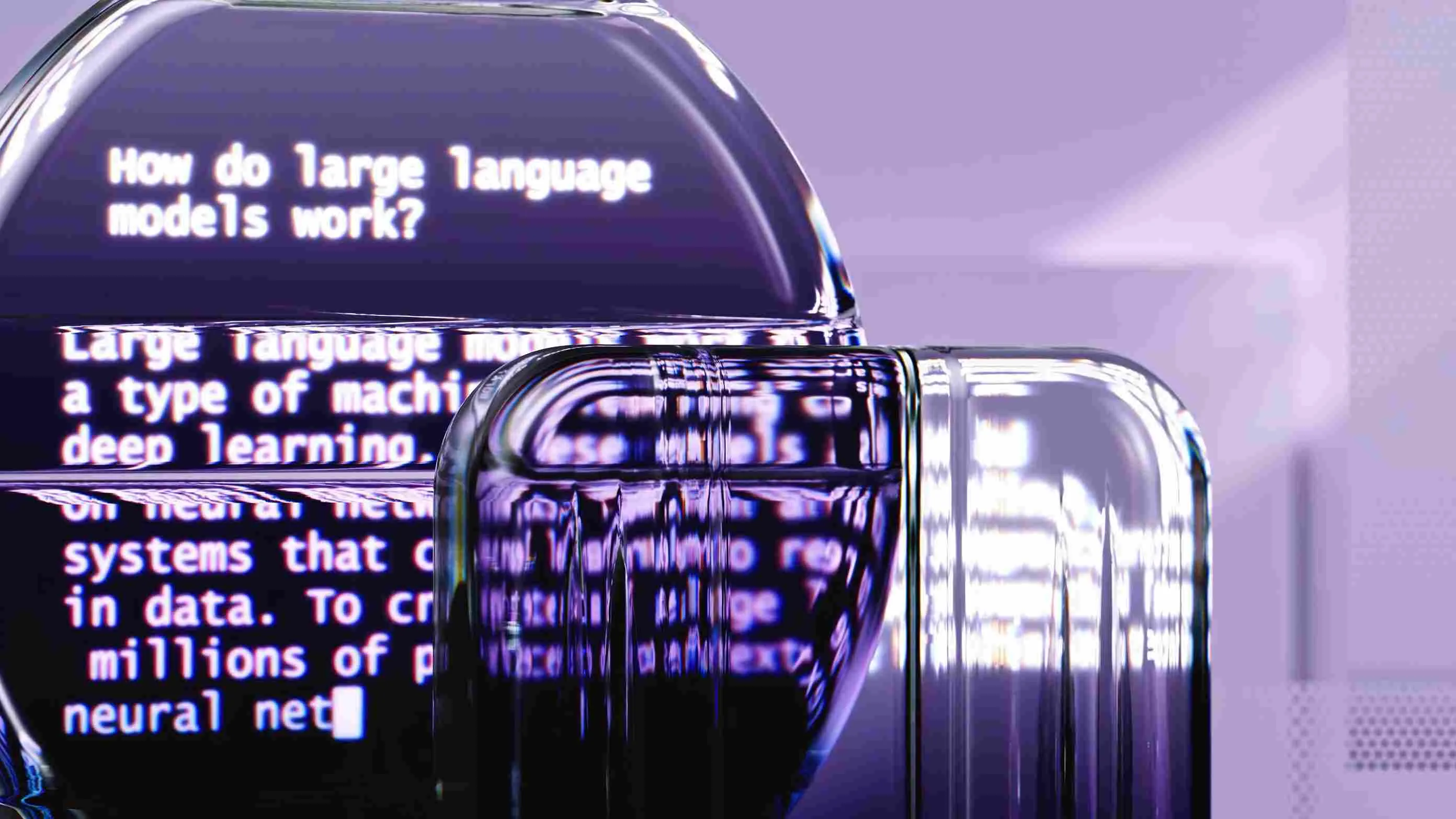 Futuristic 3D glass rendering displaying text about large language models and deep learning, serving as an abstract illustration for the article What Is Enterprise AI at h3zoom.ai.