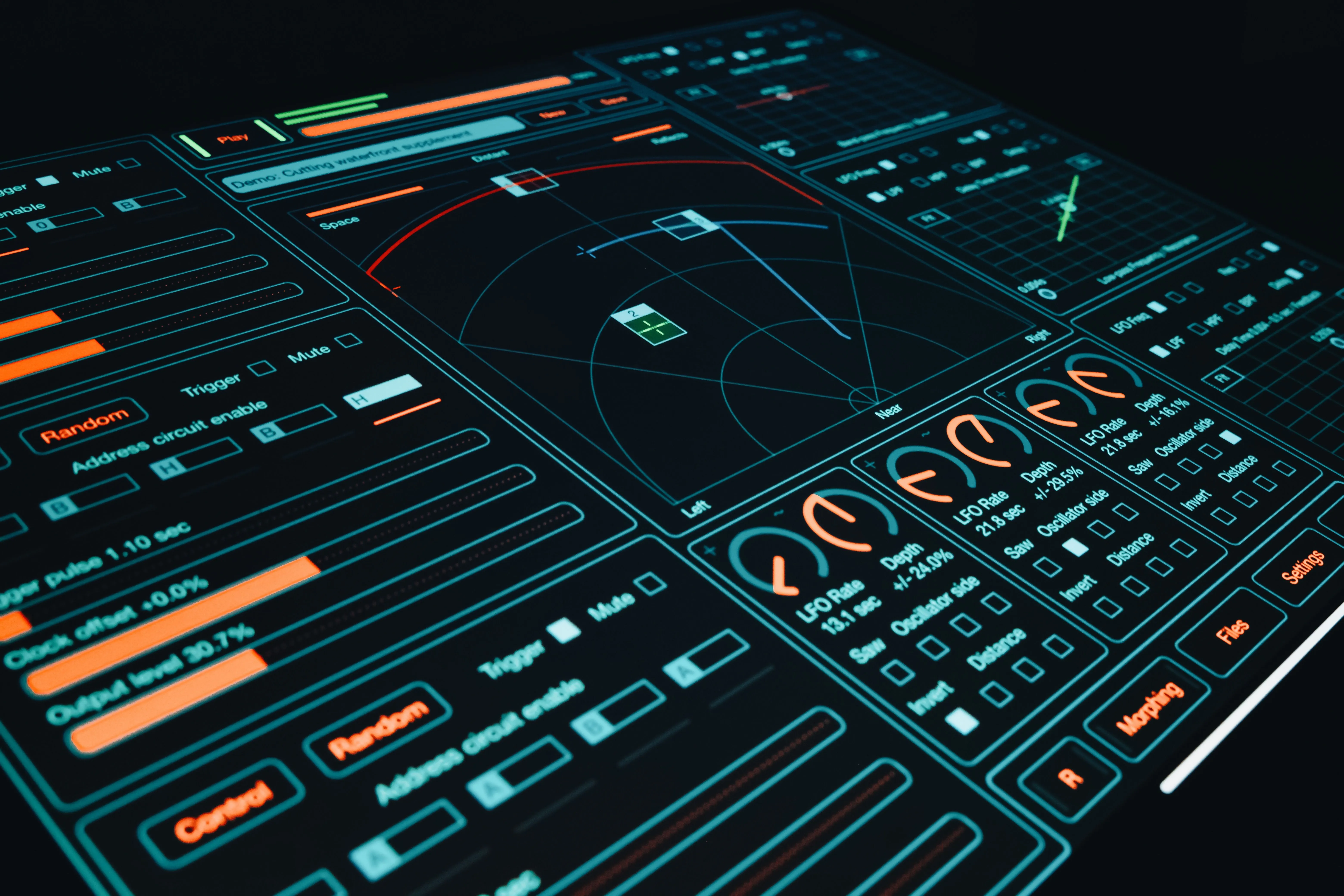 Close-up of a dark, futuristic digital dashboard displaying an intricate audio or data synthesis interface with circular radar dials, sliders, and telemetry controls, illustrating enterprise AI data modeling and complex systems integration.