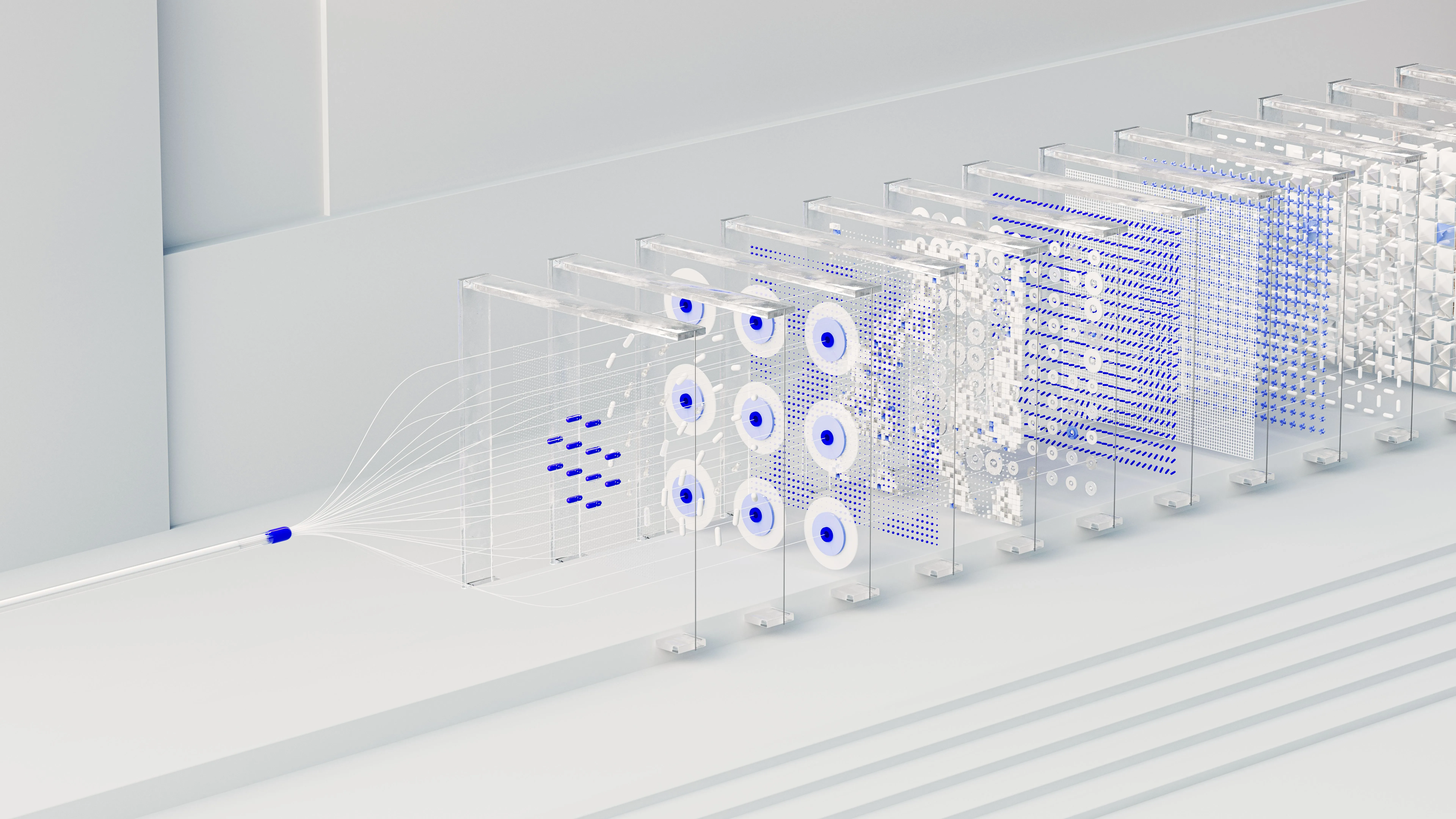 An abstract 3D rendering showing data streams passing through layers of transparent glass panels with blue nodes, illustrating neural network architecture, data processing, and large language models for enterprise AI.