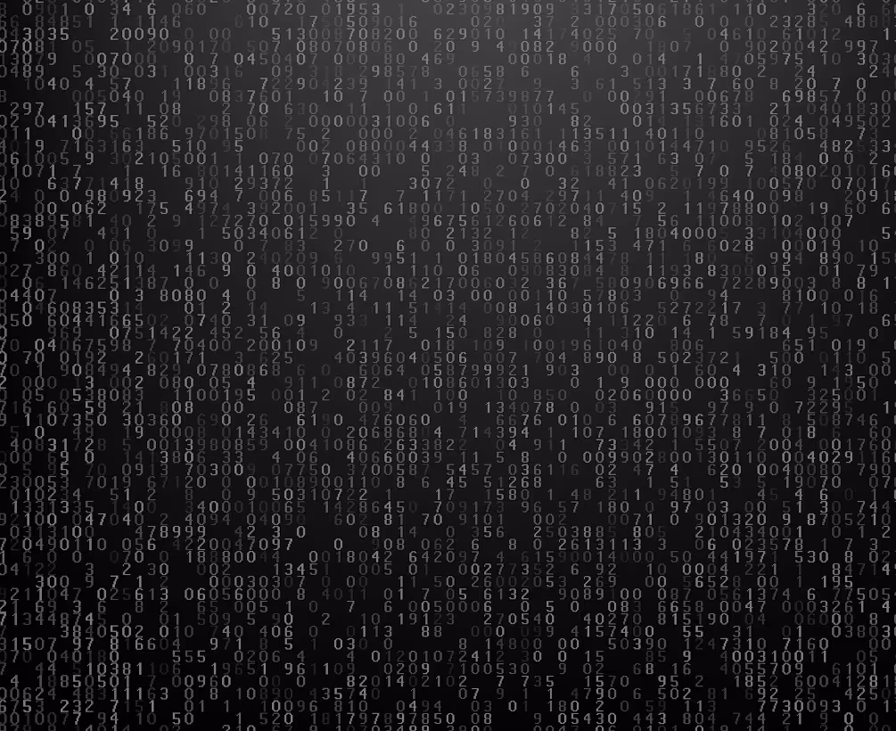 Dark background filled with vertical columns of random, light gray numeric digits resembling digital code.
