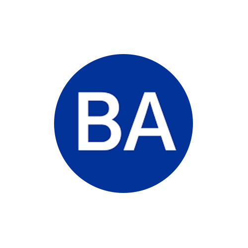 Blue circle with white uppercase letters 'BA' inside.
