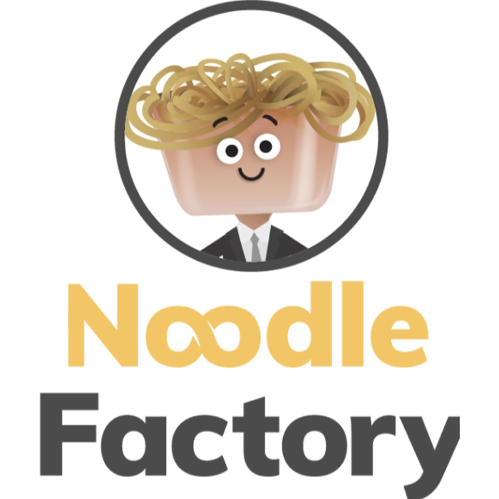 Logo featuring a cartoon character with spaghetti hair wearing a suit above the text 'Noodle Factory'.