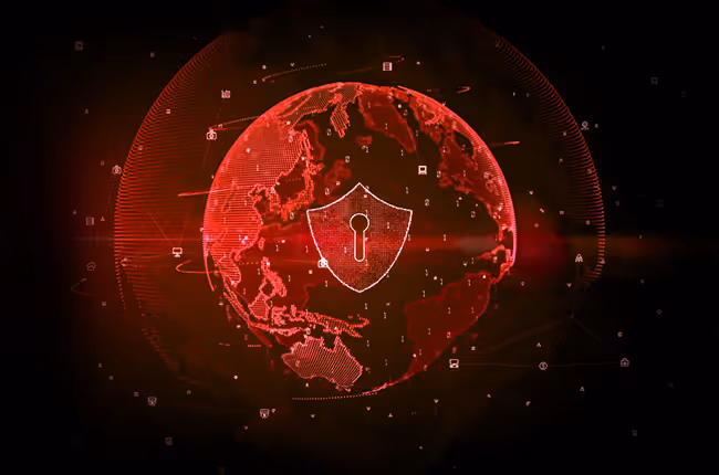Red digital globe with a shield and keyhole symbol representing cybersecurity and global data protection.