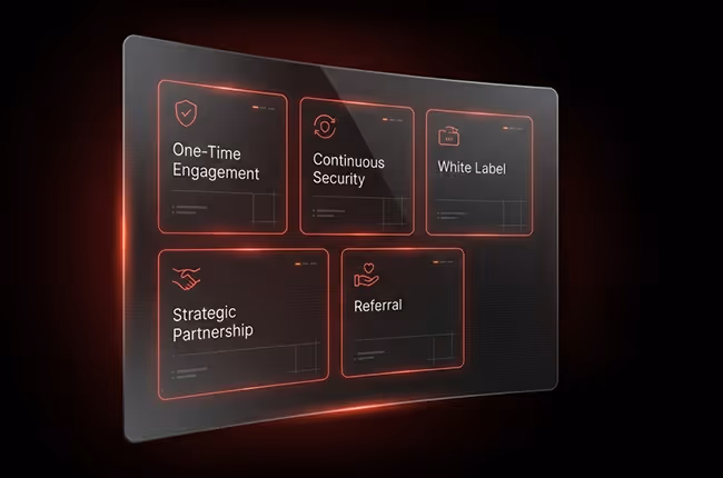 Digital interface displaying five highlighted service options: One-Time Engagement, Continuous Security, White Label, Strategic Partnership, and Referral.