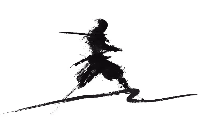 Black ink brushstroke painting of a samurai warrior wielding a sword in a dynamic stance.