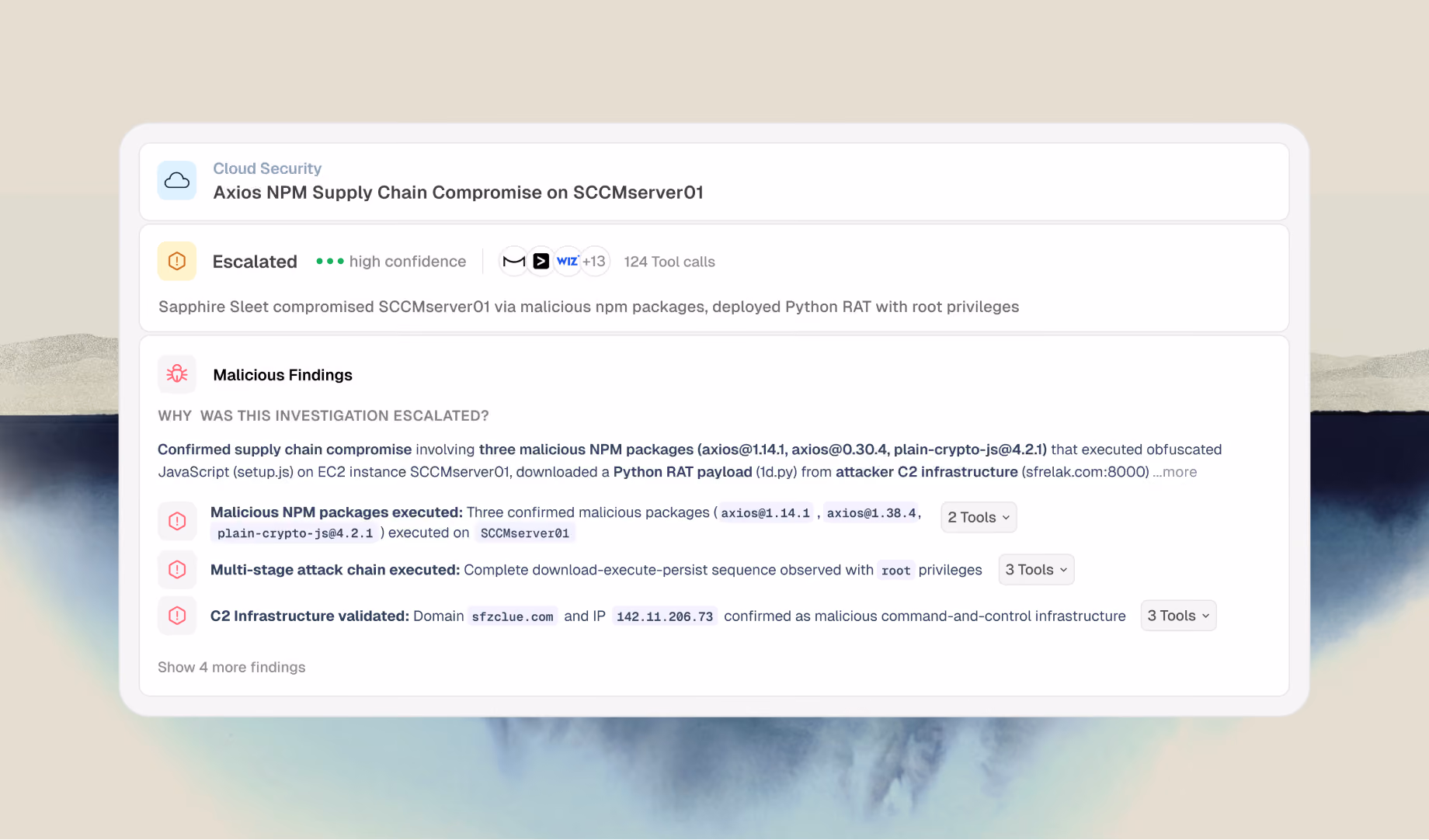 Security alert detailing Axios NPM supply chain compromise on SCCMserver01 with malicious packages and Python RAT.
