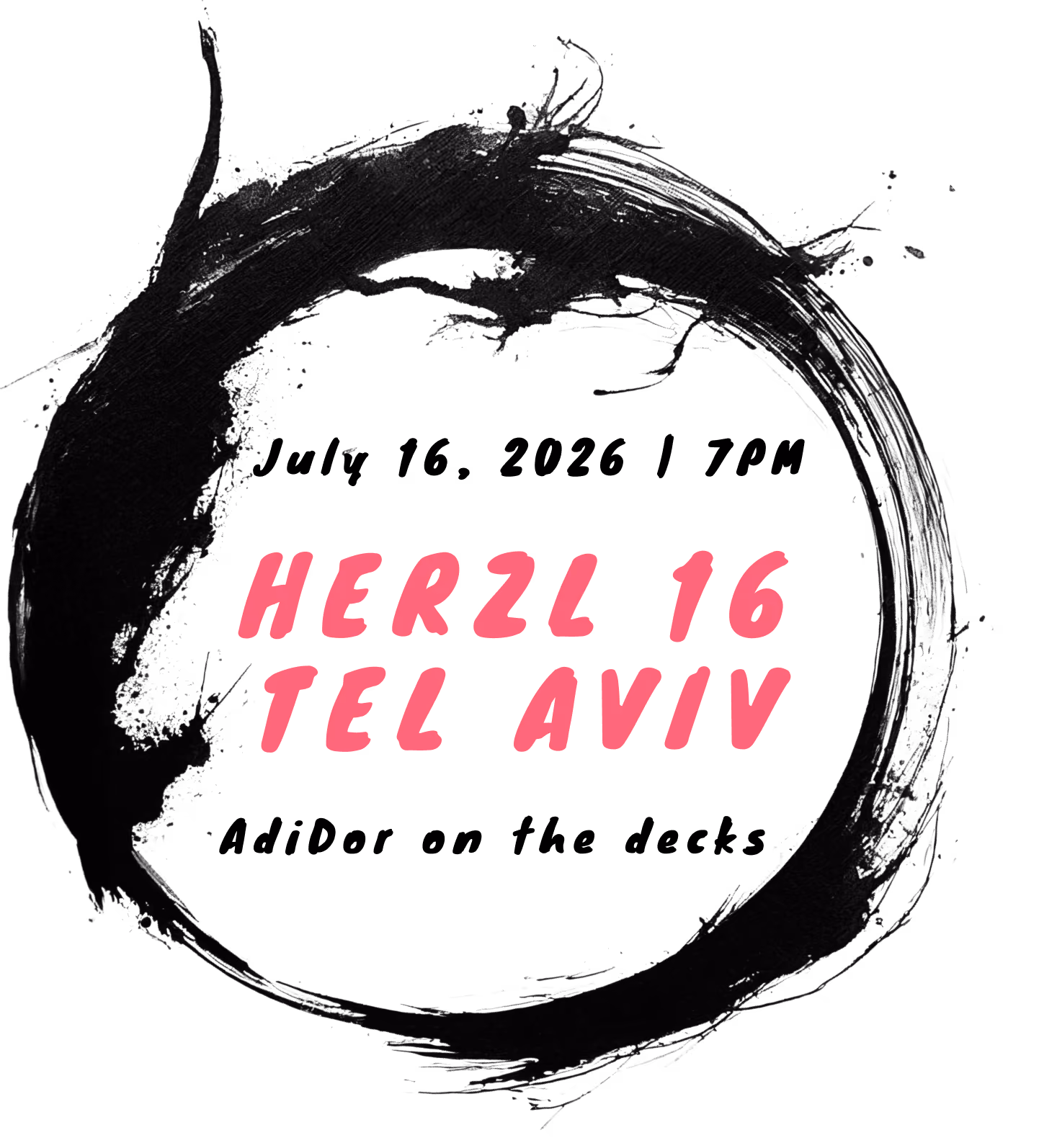 Black circular brushstroke surrounding pink text reading Herzel 16 Tel Aviv.