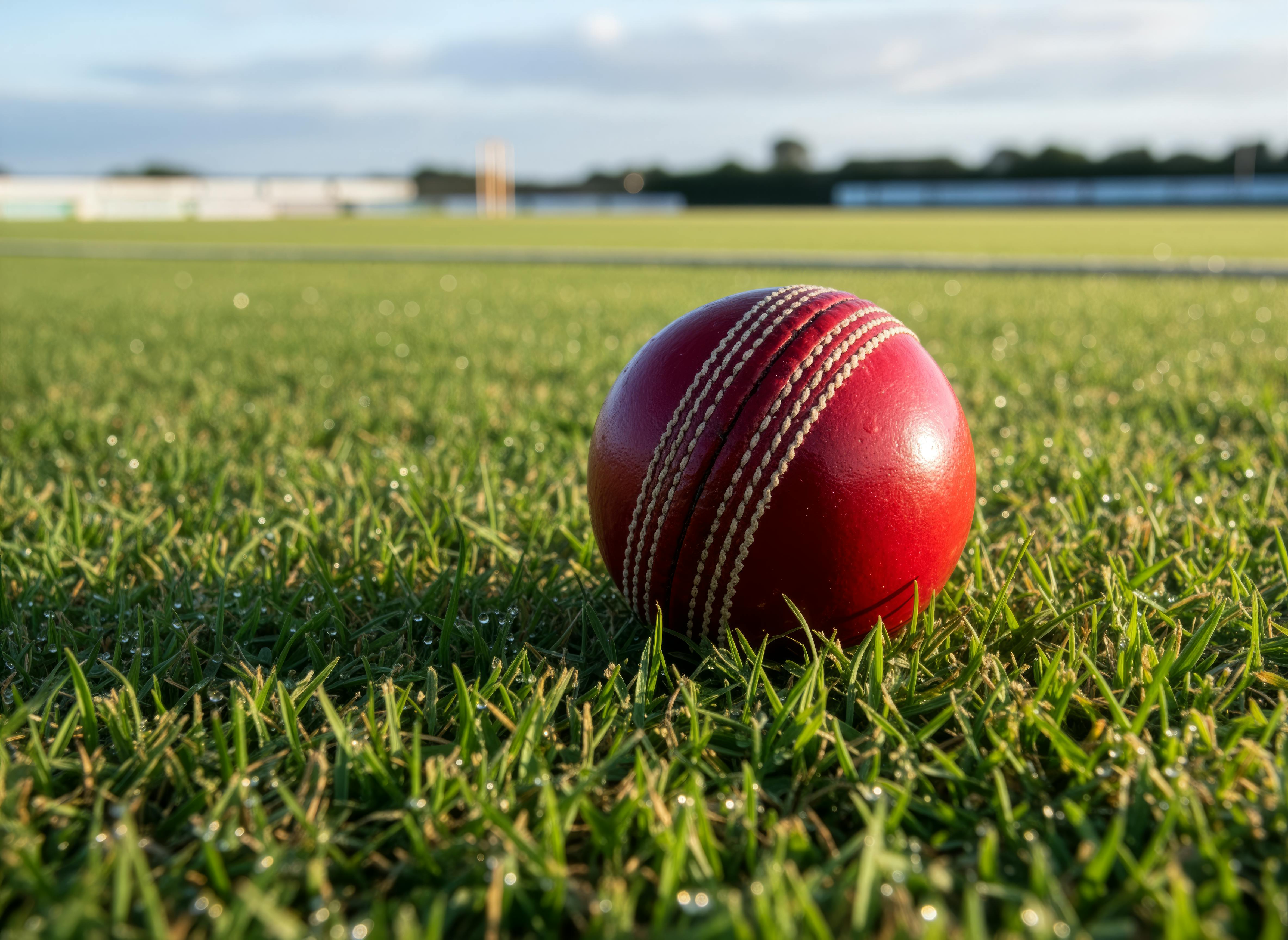 Red cricket ball resting on green grass on a cricket field with blurred wickets in the background.