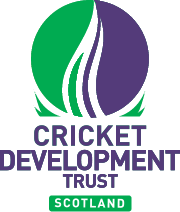 Logo of Cricket Development Trust Scotland featuring stylized green and purple shapes resembling a cricket ball and grass.