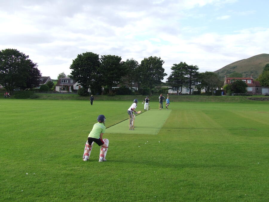 Children playing cricket on a green field with houses, trees, and a hill in the background under a cloudy sky.