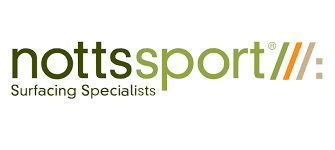 Notts Sport logo with the tagline Surfacing Specialists, featuring green and brown text with three orange and brown slashes.