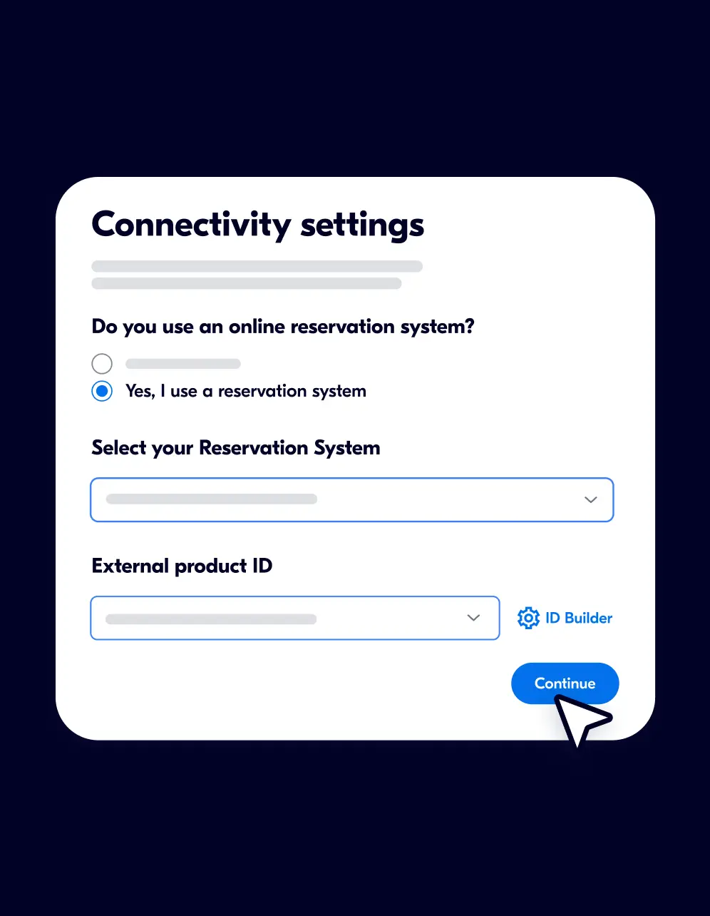 Connectivity settings interface for selecting an online reservation system with options for Reservation System and External product ID, and a highlighted Continue button.