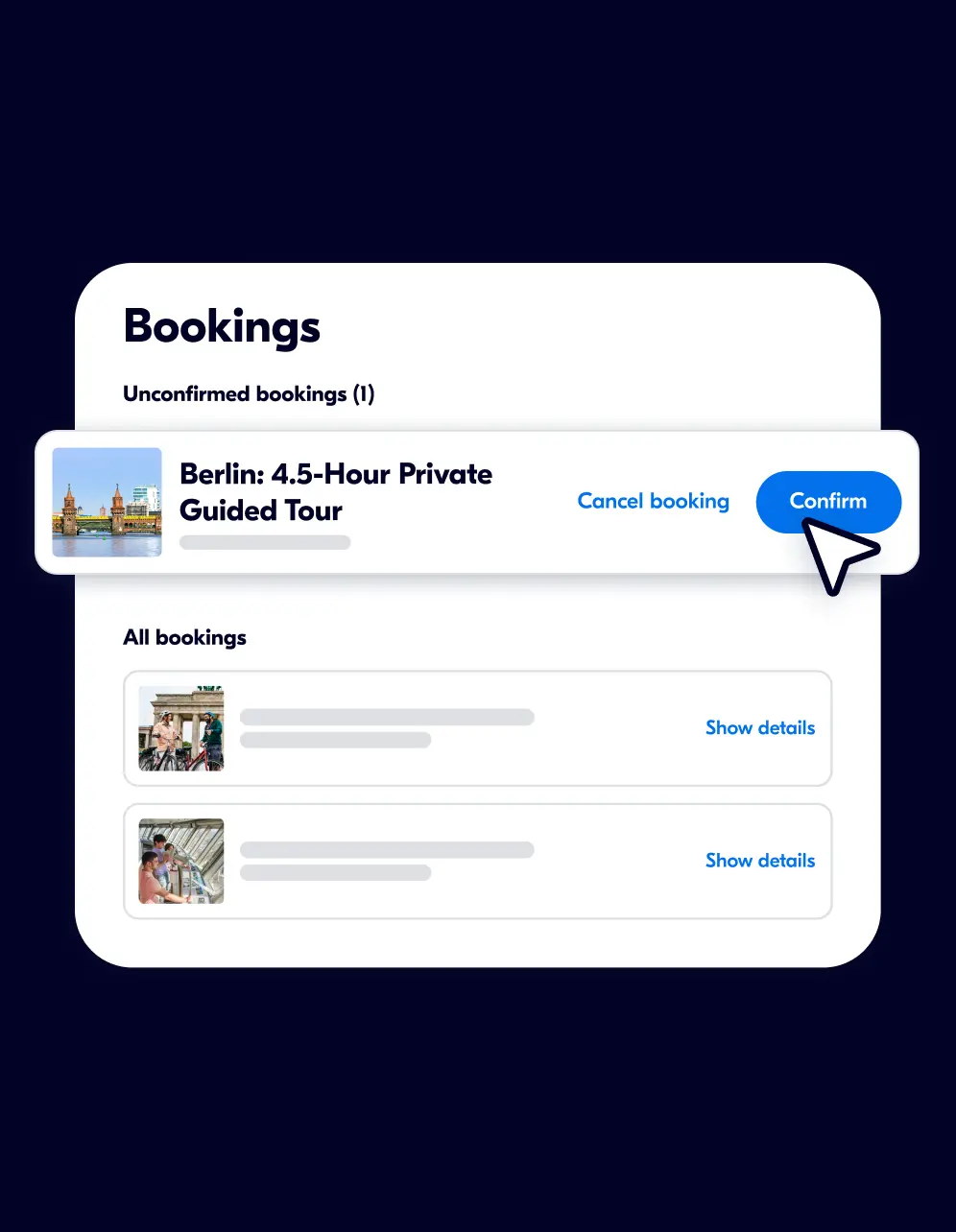 Booking interface showing one unconfirmed booking for a Berlin 4.5-hour private guided tour with options to cancel or confirm the booking.